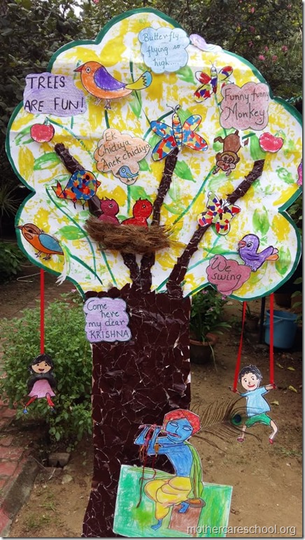 Playgroup kids involved with making of this Tree thats Fun for birds, monkeys, butterflies, kids even their loving krishna.