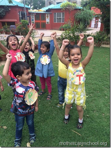 Happy Faces we sport hand made beginning sounds of our names say Tisya, Reyansh,Manasvi, Hasini